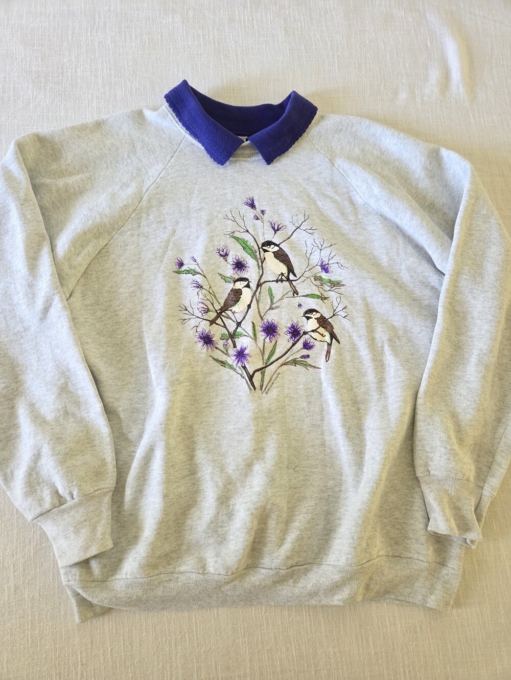 Vintage 90s Gray Sweatshirt Purple Floral Bird Womens XL Sparrow Violet